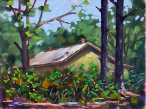 Oil on panel, plein air painting of a middle Tennessee scene called Twin Pines