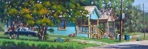 "Slice of Life" is an oil on canvas, 24 x 8 inches. It captures a "slice" of Fort Worth's southside neighborhood