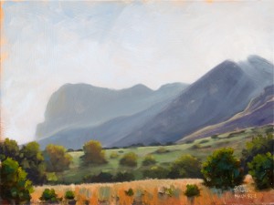 12 x 9 Plein air oil on panel painted of a view of El Capitan of the Guadalupe Mountains