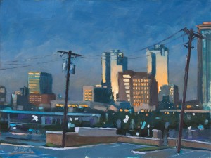 12 x 9 oil on panel showing Fort Worth, Texas as the sun reflects off the high rise buildings of downtown.