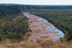 Looking down from the sandstone clifftops at the Pease River