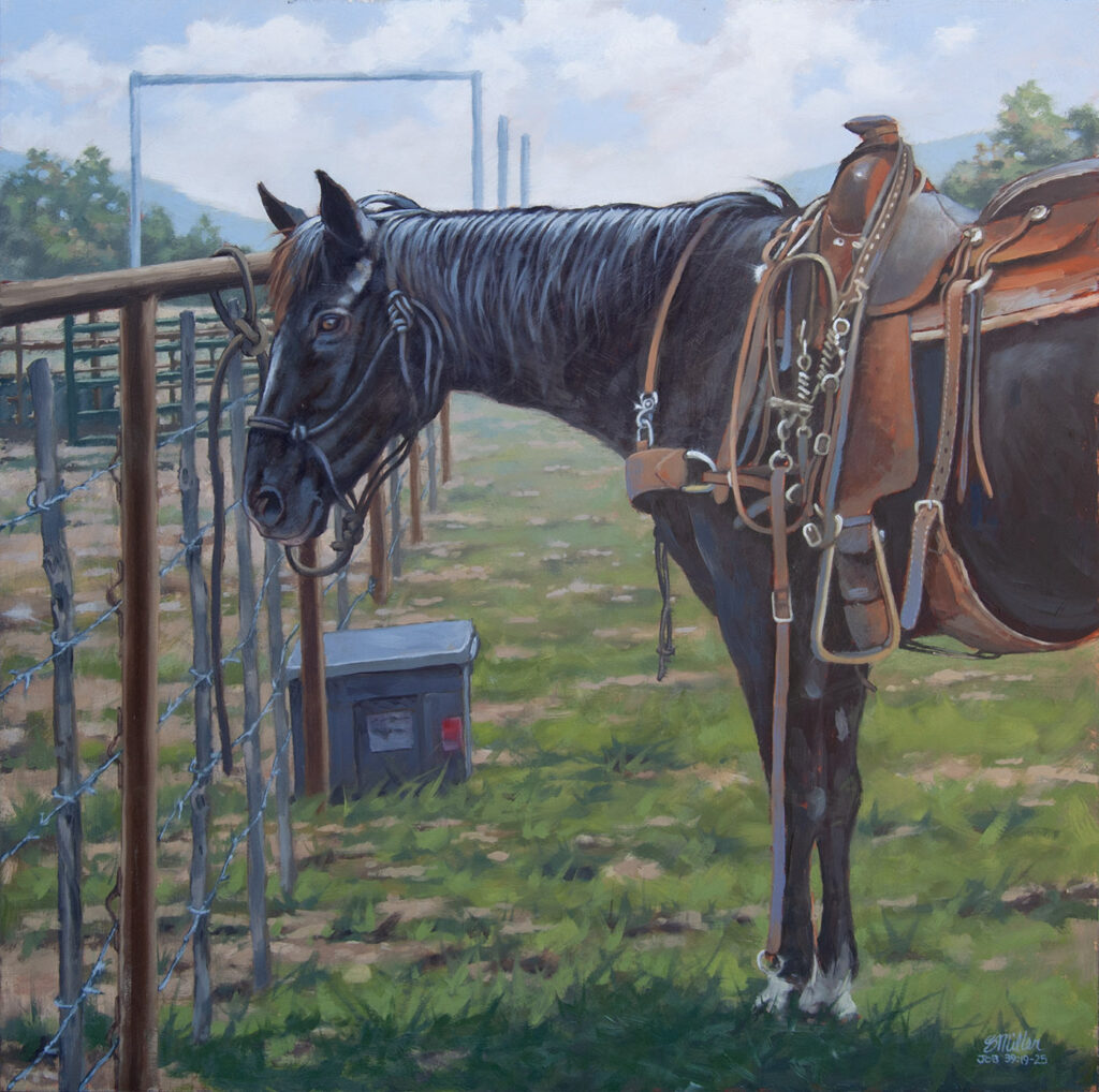 Ready to Ride, 18 x 18 Oil in panel, Available at Adobe Western Art Gallery, Fort Worth Stockyards, Fort Worth, Texas